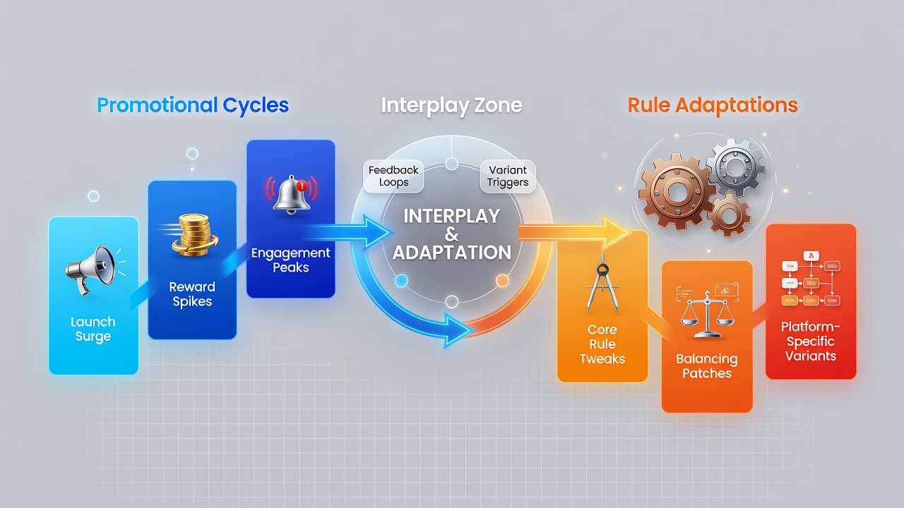 Grafiken illustrieren saisonale Werbezyklen und angepasste Regeln bei Events über verschiedene Plattformen hinweg