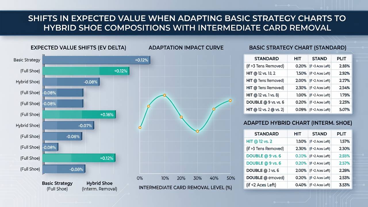 Grafik mit Erwartungswert-Kurven für angepasste und nicht angepasste Strategien in gemischten Decks