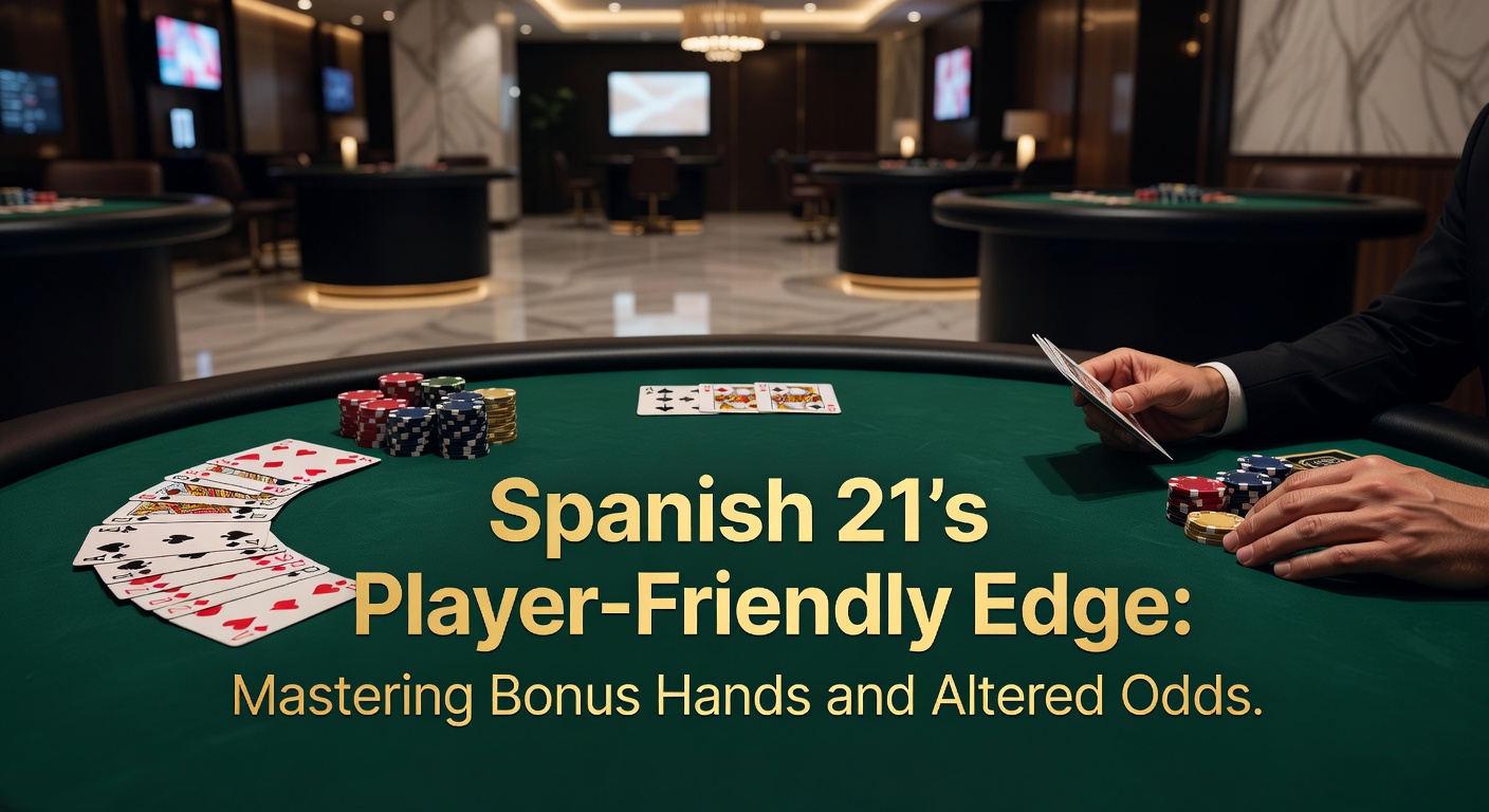 Nahaufnahme einer Bonus-Hand in Spanish 21 mit Chips und Karten auf dem Tisch
